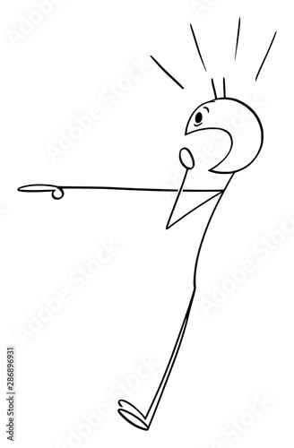Vector cartoon stick figure drawing conceptual illustration of shocked man pointing on something. There is place for your text.
