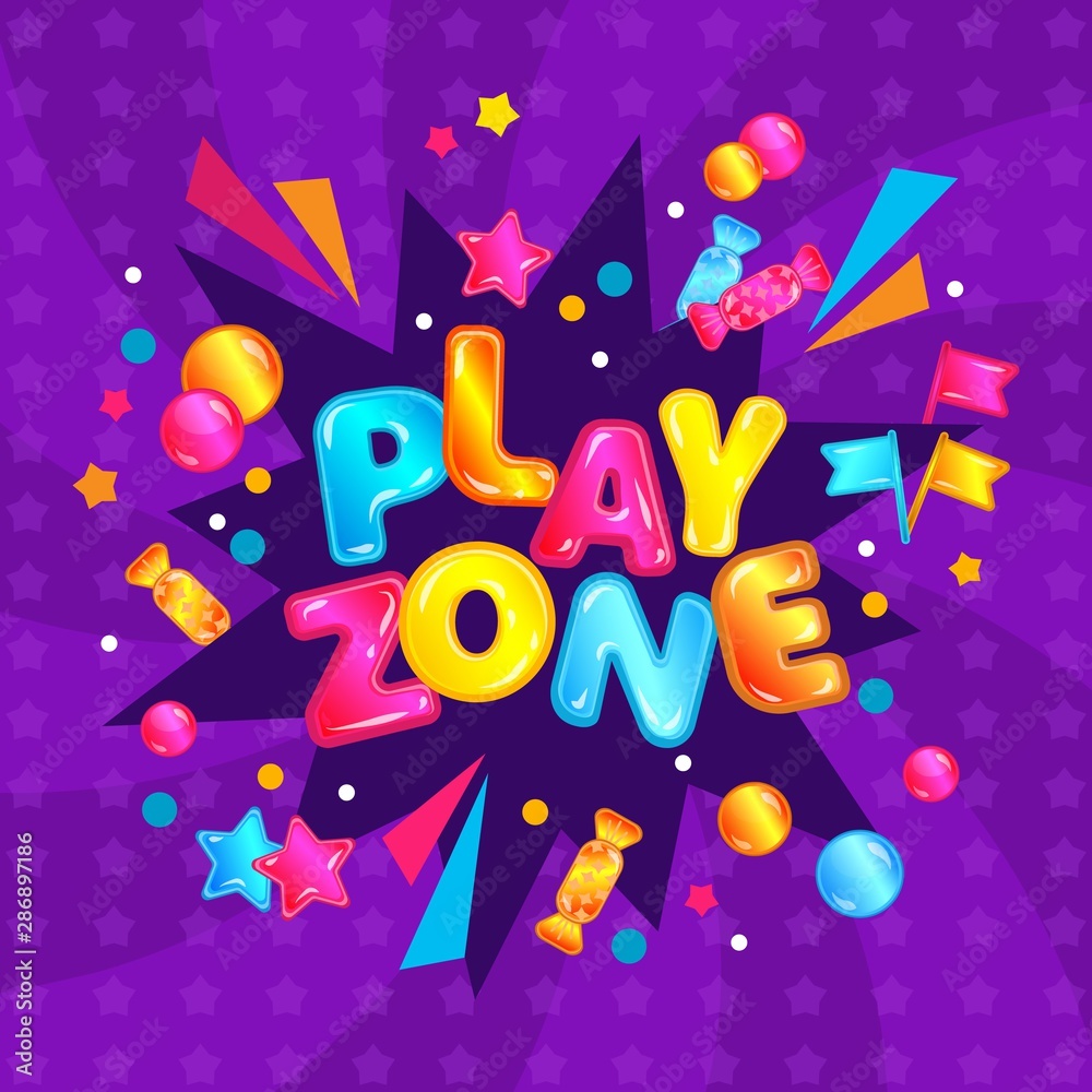 Play zone - child game room and playground area banner sign with fun confetti exposion and candy