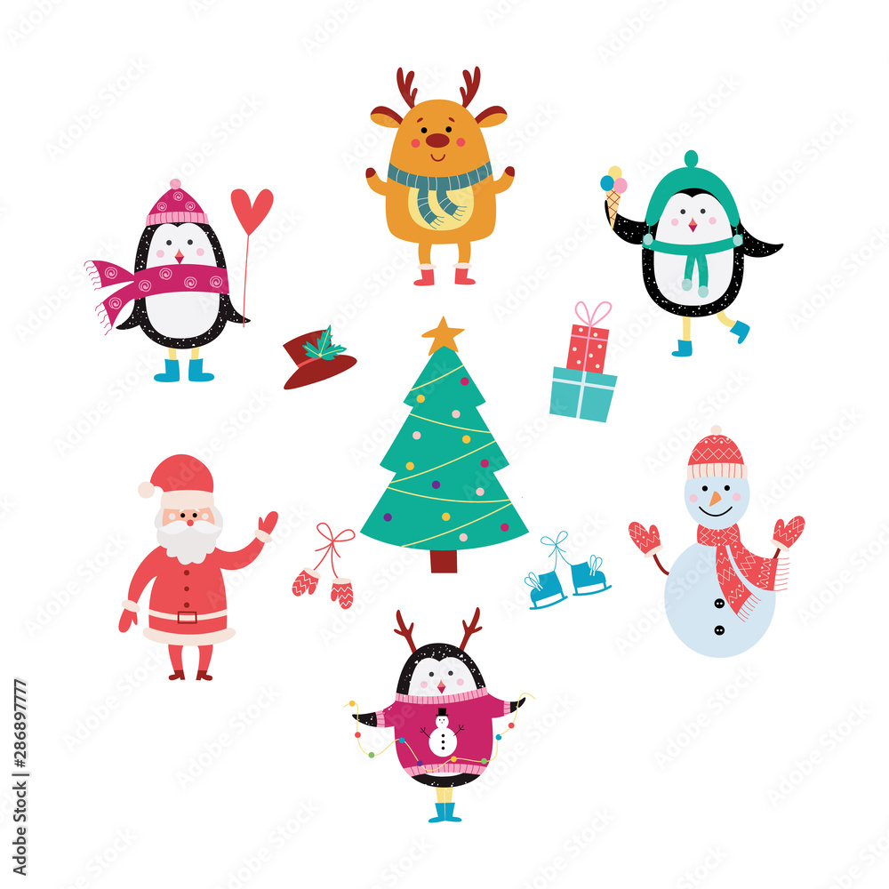 Cartoon animals around Christmas tree - cute penguin, deer, snowman and Santa having a winter holiday party