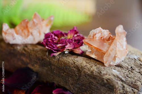 Tangerine Quartz cluster on wooden slab. Roses and healing crystals on display, bohemian decorations. Metaphysical witchy healing display. Crystal collection with flowers.