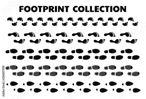 Footprint collection. The footprints of people in the manner of walking Detective travel concept.