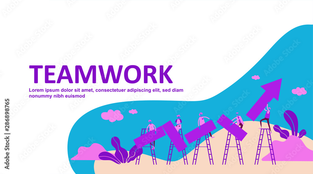 Vector teamwork business concept. Team people standing and holding to connecting indicator of growth and development company on raised hands. holding graph arrow on the way to success. - Vector