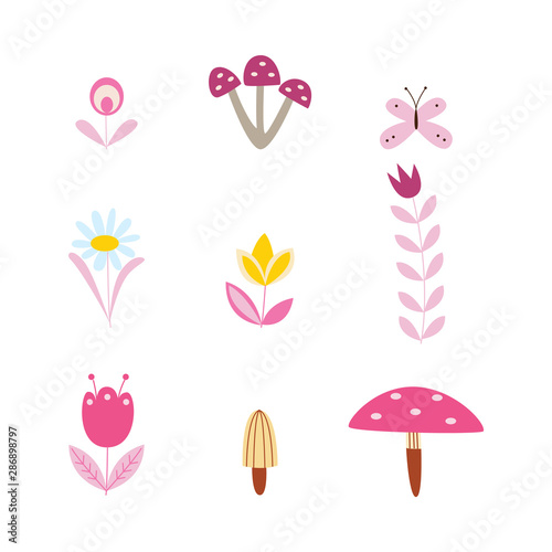 Set of cute fantasy forest and garden plants, flowers and mushrooms.