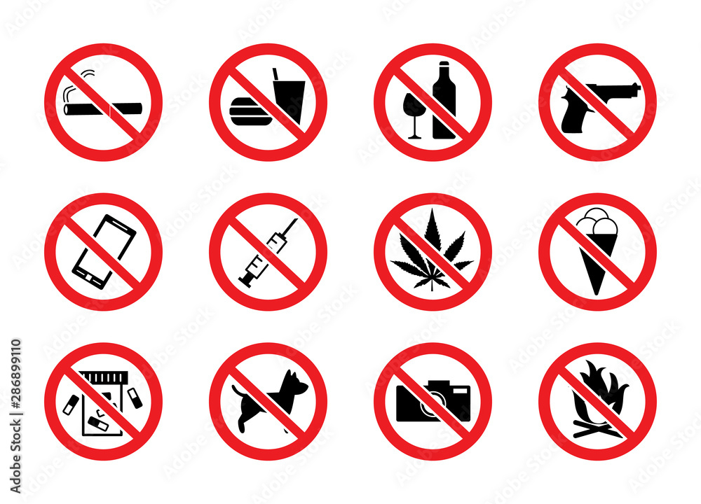 Set of signs prohibiting alcohol, weapons and other vector illustration isolated. Set of signs prohibiting alcohol, weapons and other vector illustration isolated.