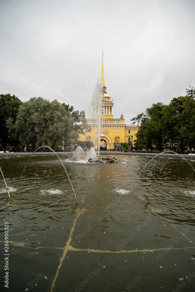 Naklejka premium Pond in front of the facade of the Admiralty building -Headquarters of the Russian Navy in St Petersburg,