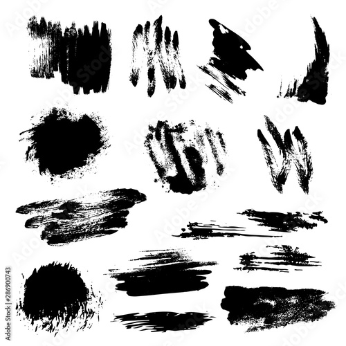 Set of black paint  ink splatters  grunge texture  brush strokes  brushes  blots  drops  splashes. Vector collection dirty artistic design elements  paintbrush  grunge silhouette