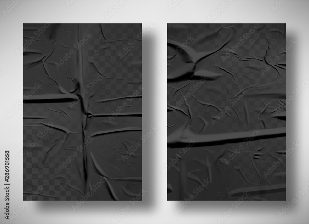 Black bad glued paper realistic vector illustration. Set of wet wrinkled and creased paper