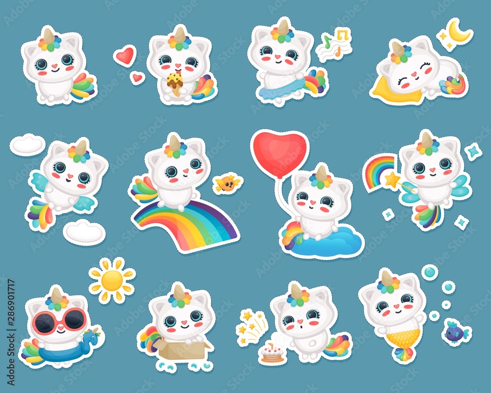 Unicorn cat sticker set - happy white kitten with rainbow horn and tail flying, swimming, sleeping with funny face