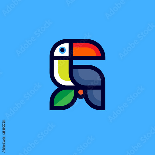 Toucan logo. Tropical bird and leaf. Toucan icon on blue background. Flat illustration.