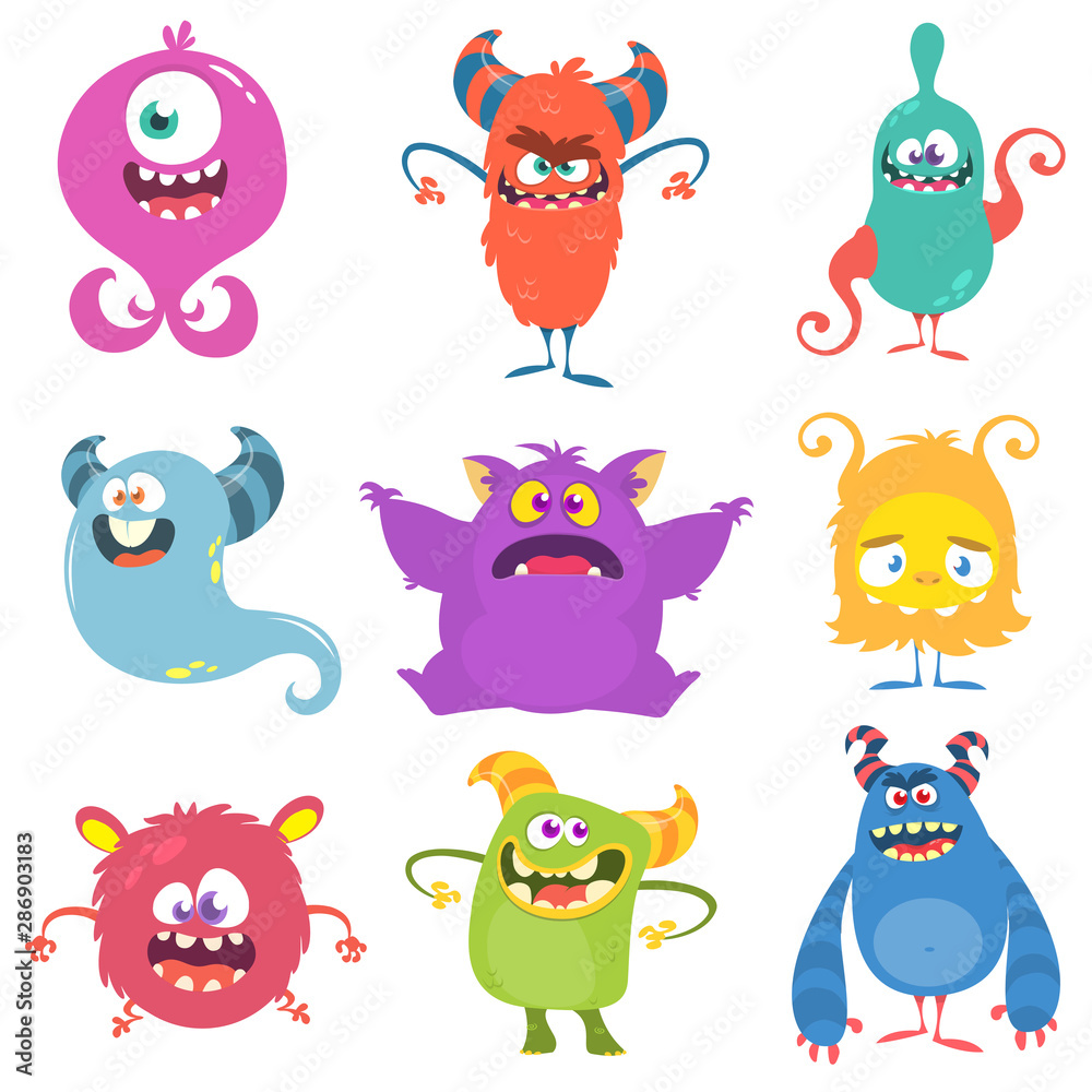 Fototapeta premium Funny cartoon monsters set. Vector illustration