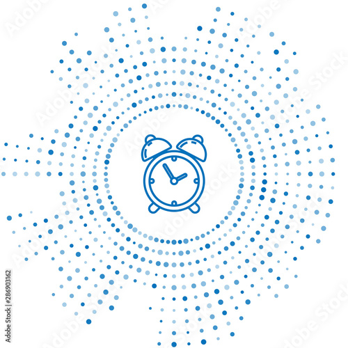 Blue line Alarm clock icon isolated on white background. Wake up, get up concept. Time sign. Abstract circle random dots. Vector Illustration