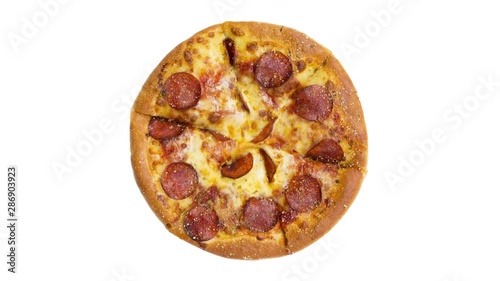 rotating,pizza; pepperoni; spinning, above, top view,white; circle;background;top view;sausage;isolated;whole;salami;cheese; italian; food; object;hot;meal; cuisine;fast food;baked;lunch;meat;unhealth