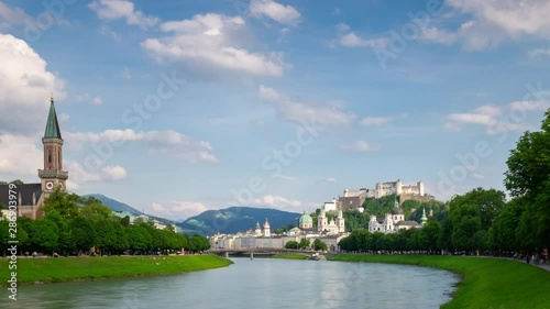 sunny day salzburg city riverside park panorama 4k timelapse austria   photo