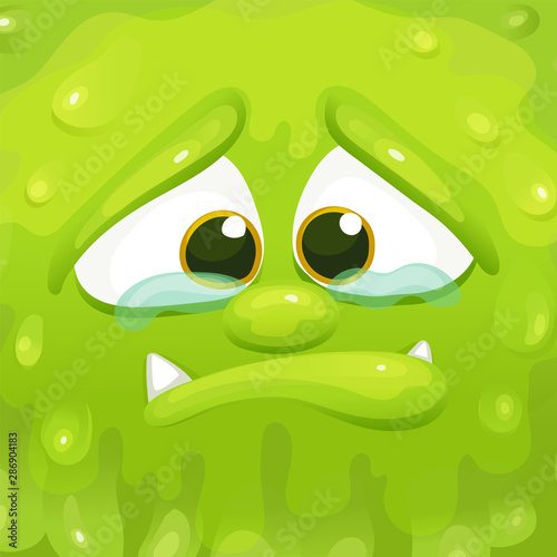Sad green monster inside a cube frame, squishy slime alien crying holding back tears.