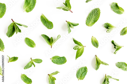 Mint leaves isolated on white background. Set of peppermint. Mint Pattern. Flat lay. Top view.