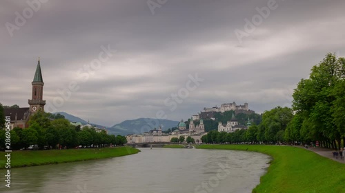 cloudy rainy day salzburg city riverside panorama 4k timelapse austria   photo