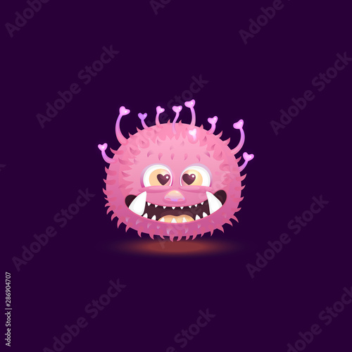 Cute pink love monster with heart eyes and hair