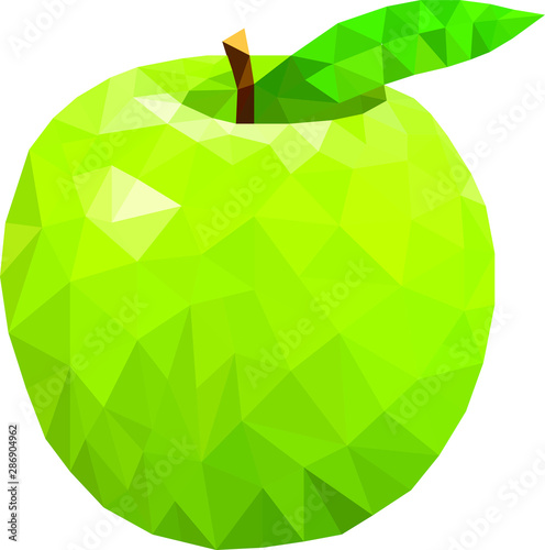 low poly green apple, polygon apple on white background