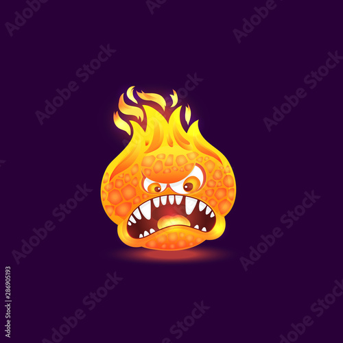 Orange fire monster with angry face and open mouth full of teeth. Cartoon flame creature with burning head and lava skin