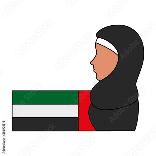 profile of islamic woman with traditional burka and arabia flag
