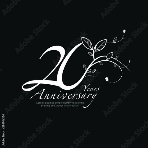 20 Year Anniversary with Flower and Leaf Vector Template Design Illustration