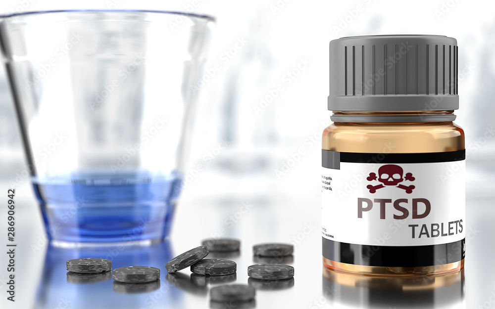 Ptsd as harmful, negative and damaging aspect of life, unhealthy poison to the soul that affects people mind and body, harms mental health, symbolized as a bad medicine, 3d illustration Ptsd as harmful, negative and damaging aspect of life, unhealthy poison to the soul that affects people mind and body, harms mental health, symbolized as a bad medicine, 3d illustration