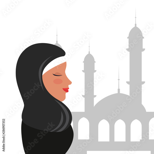 profile of islamic woman with traditional burka in mosque