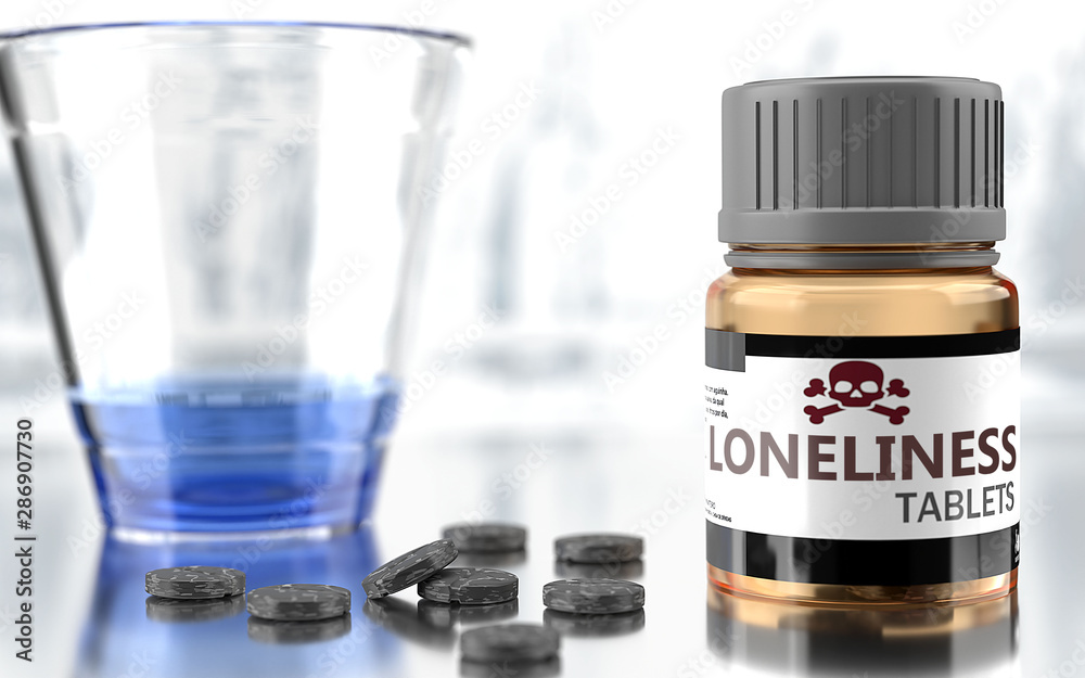Loneliness as harmful, negative and damaging aspect of life, unhealthy poison to the soul that affects people mind and body, harms mental health, symbolized as a bad medicine, 3d illustration Loneliness as harmful, negative and damaging aspect of life, unhealthy poison to the soul that affects people mind and body, harms mental health, symbolized as a bad medicine, 3d illustration