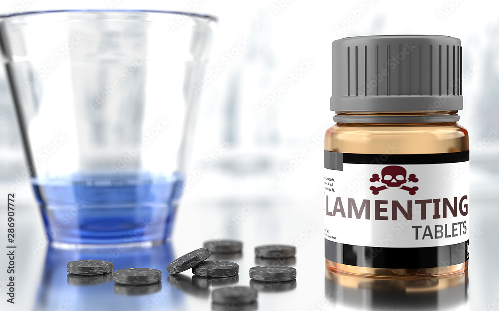 Lamenting as harmful, negative and damaging aspect of life, unhealthy poison to the soul that affects people mind and body, harms mental health, symbolized as a bad medicine, 3d illustration Lamenting as harmful, negative and damaging aspect of life, unhealthy poison to the soul that affects people mind and body, harms mental health, symbolized as a bad medicine, 3d illustration