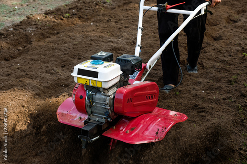 Canvas Print Man working in the garden with garden tiller machine