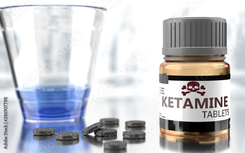 Ketamine as harmful, negative and damaging aspect of life, unhealthy poison to the soul that affects people mind and body, harms mental health, symbolized as a bad medicine, 3d illustration