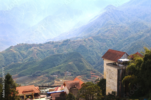 The beautiful view of mountains taken from the terrace of the hotelof  