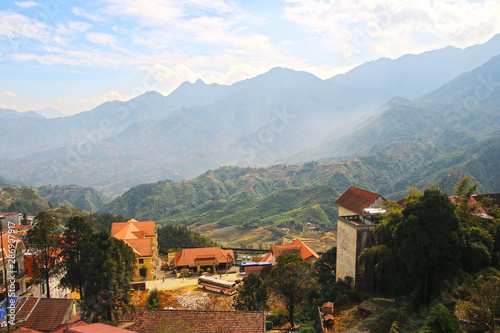 The beautiful view of mountains taken from the terrace of the hotel in Sapa 