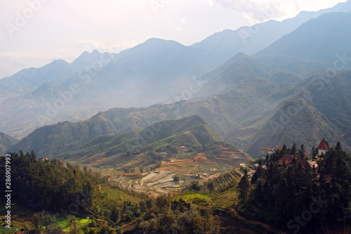The beautiful view of mountains taken from the terrace of the hotelof  
