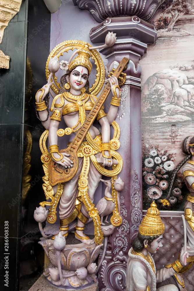 Hindu Goddess Saraswati of Knowledge, Music, dance,art and study statues at Sri Krishnan Temple, Bugis, Singapore.