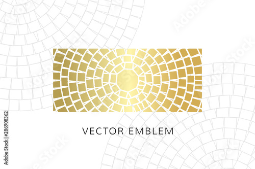 Luxury mosaic emblem. Vector illustration with golden stylish label and light texture.