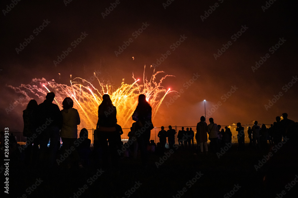 people look at the festive bright fireworks in the night sky
