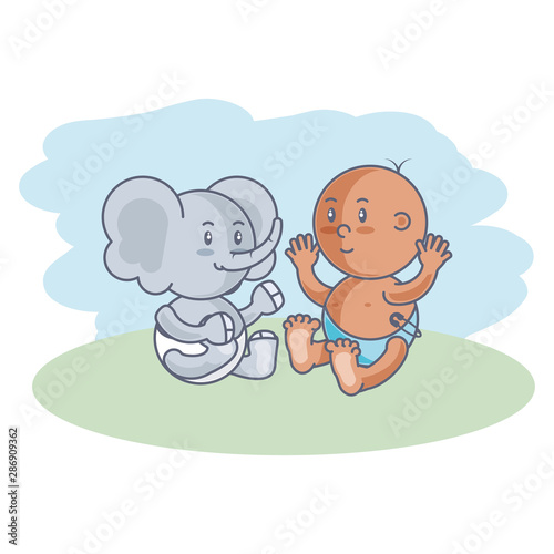 cute elephant with baby boy isolated icon