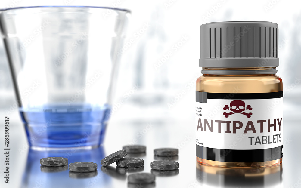 Antipathy as harmful, negative and damaging aspect of life, unhealthy poison to the soul that affects people mind and body, harms mental health, symbolized as a bad medicine, 3d illustration Antipathy as harmful, negative and damaging aspect of life, unhealthy poison to the soul that affects people mind and body, harms mental health, symbolized as a bad medicine, 3d illustration