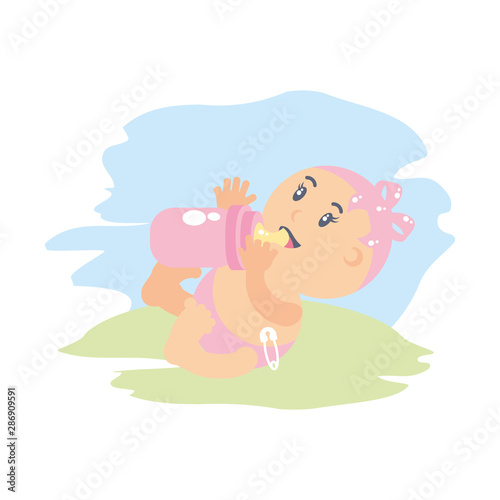 cute baby girl with bottle milk avatar character