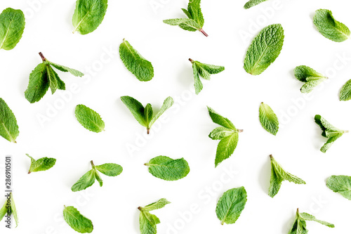 Texture, pattern мint leaves isolated on white background. Set of peppermint. Mint Pattern. Flat lay. Top view.