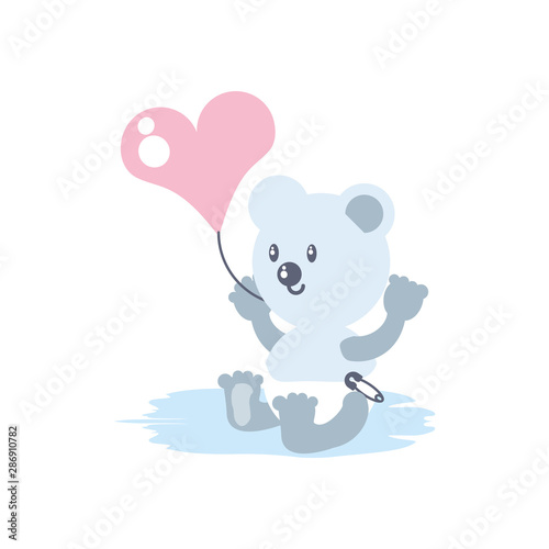 cute bear baby with balloon helium in heart shape
