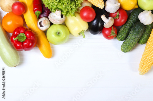 vegetables on a colored background top view. Place to insert text © White bear studio 