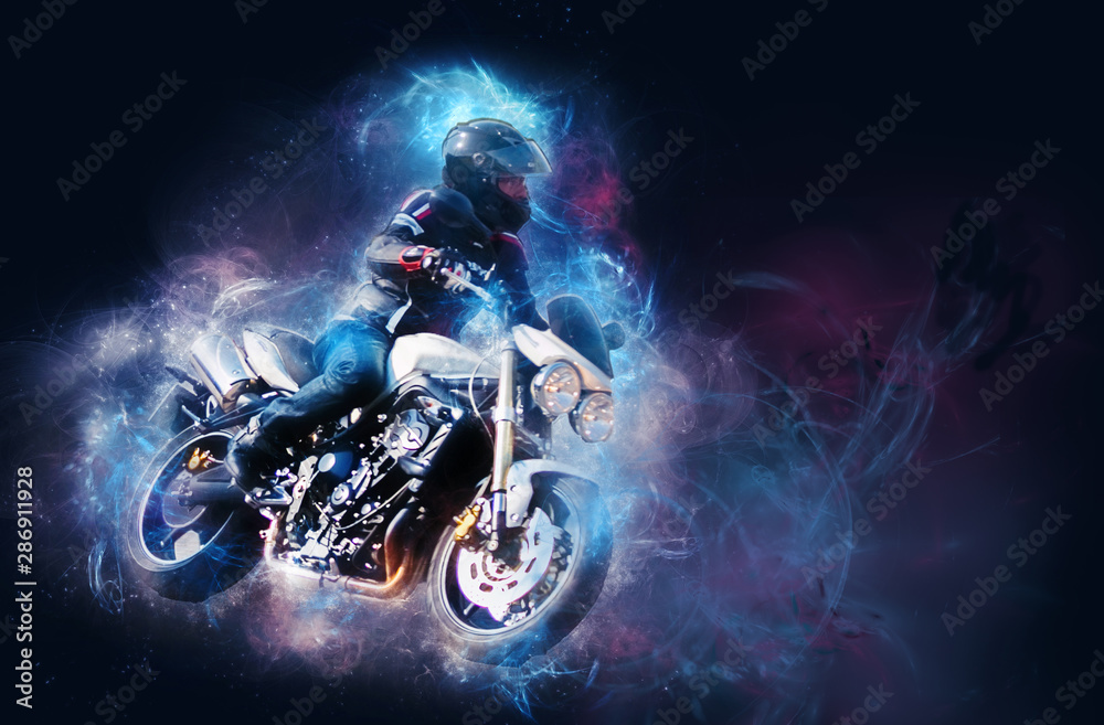 Motero en su moto con efectos cósmicos., fine-art