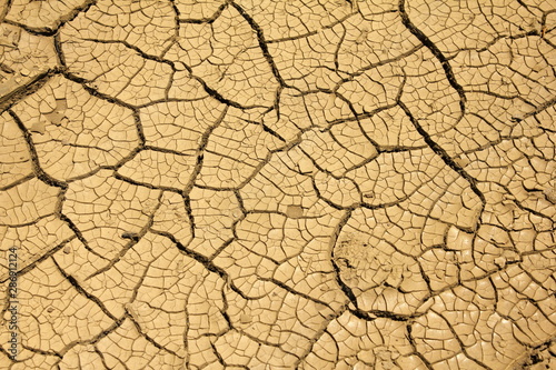 Close up on an area of mud soil that has become dry and broken for lack of water
