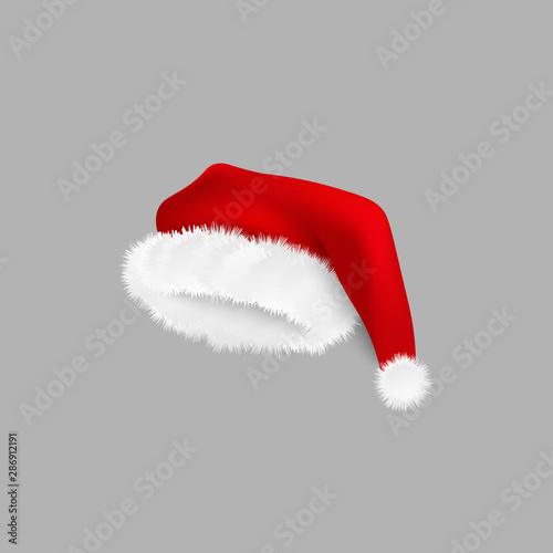 Isolated Santa Claus costume hat with realistic white fur and silky red fabric.