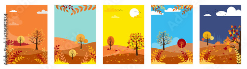 Vector set of natural background with copy space for text,Autumn panorama lanscape forest and hills with maples leaves falling from tree, Collections for banner, poster, design templates and wallpaper