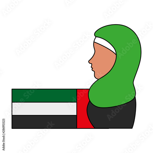 profile of islamic woman with traditional burka and arabia flag