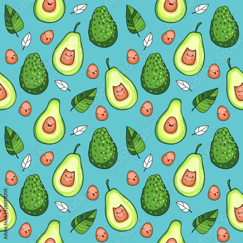 Vector seamless pattern with avocado fruit on a blue background, kawaii style