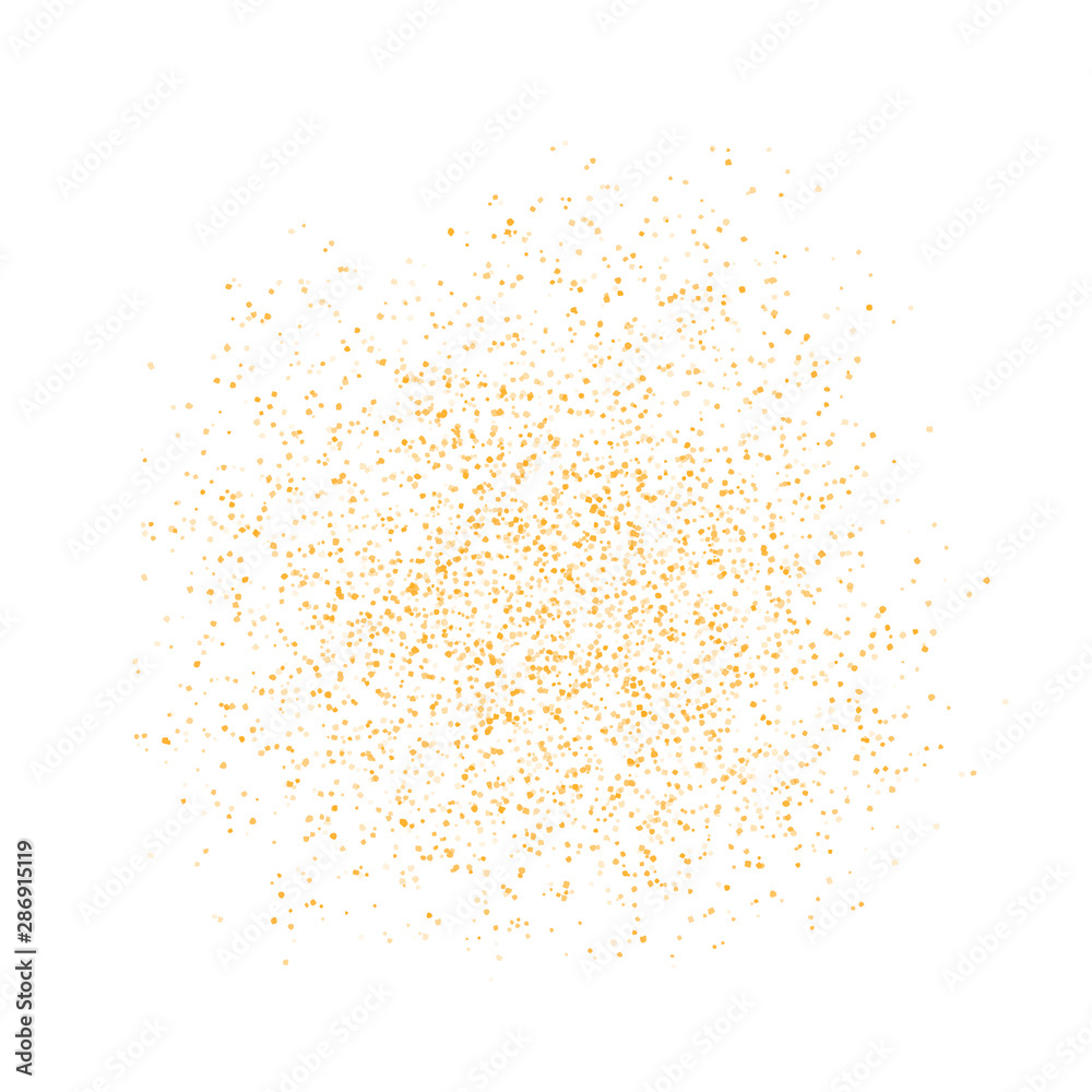 Background Golden texture crumbs. Gold dust scattering on a white background. Particles grain or sand assembled. Vector backdrop shards, pieces abstraction. Illustration grunge textures for design